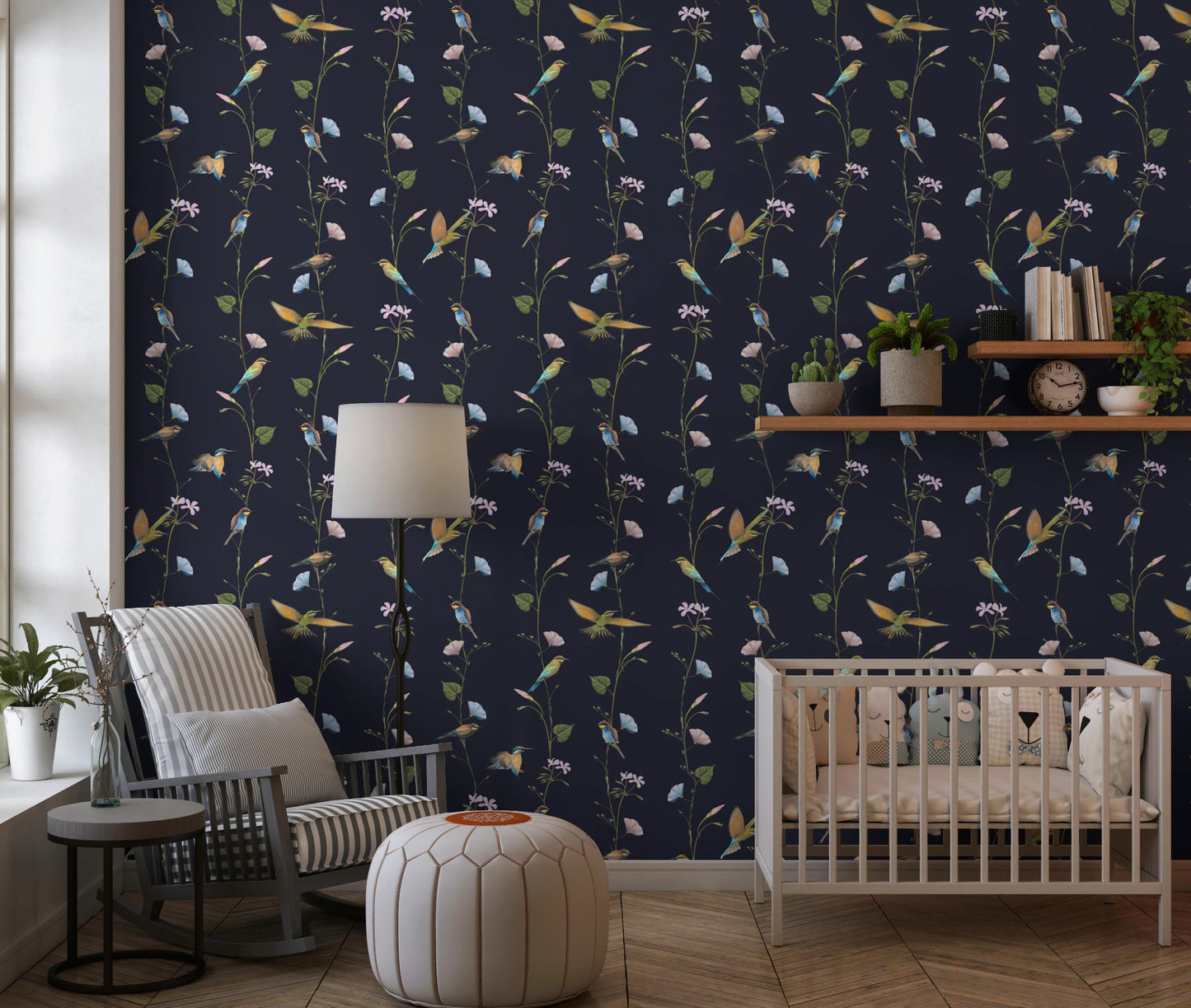 Vintage Birds in Moonlit Garden Wallpaper⁠