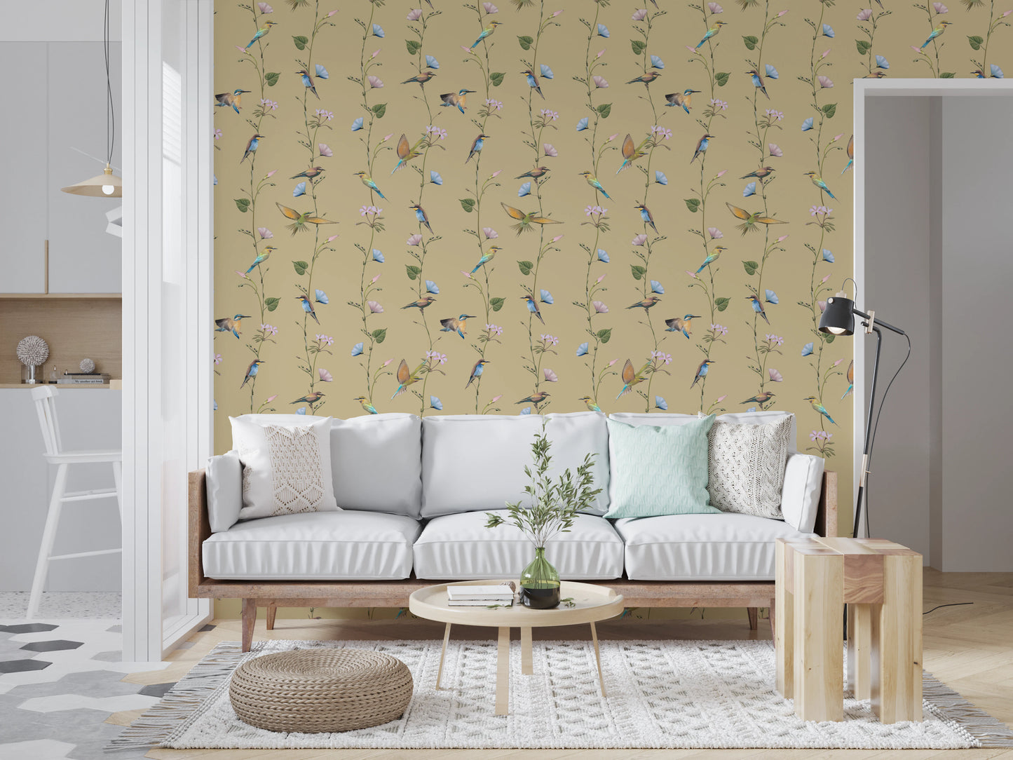 Pastel Songbirds on Beige Wallpaper⁠