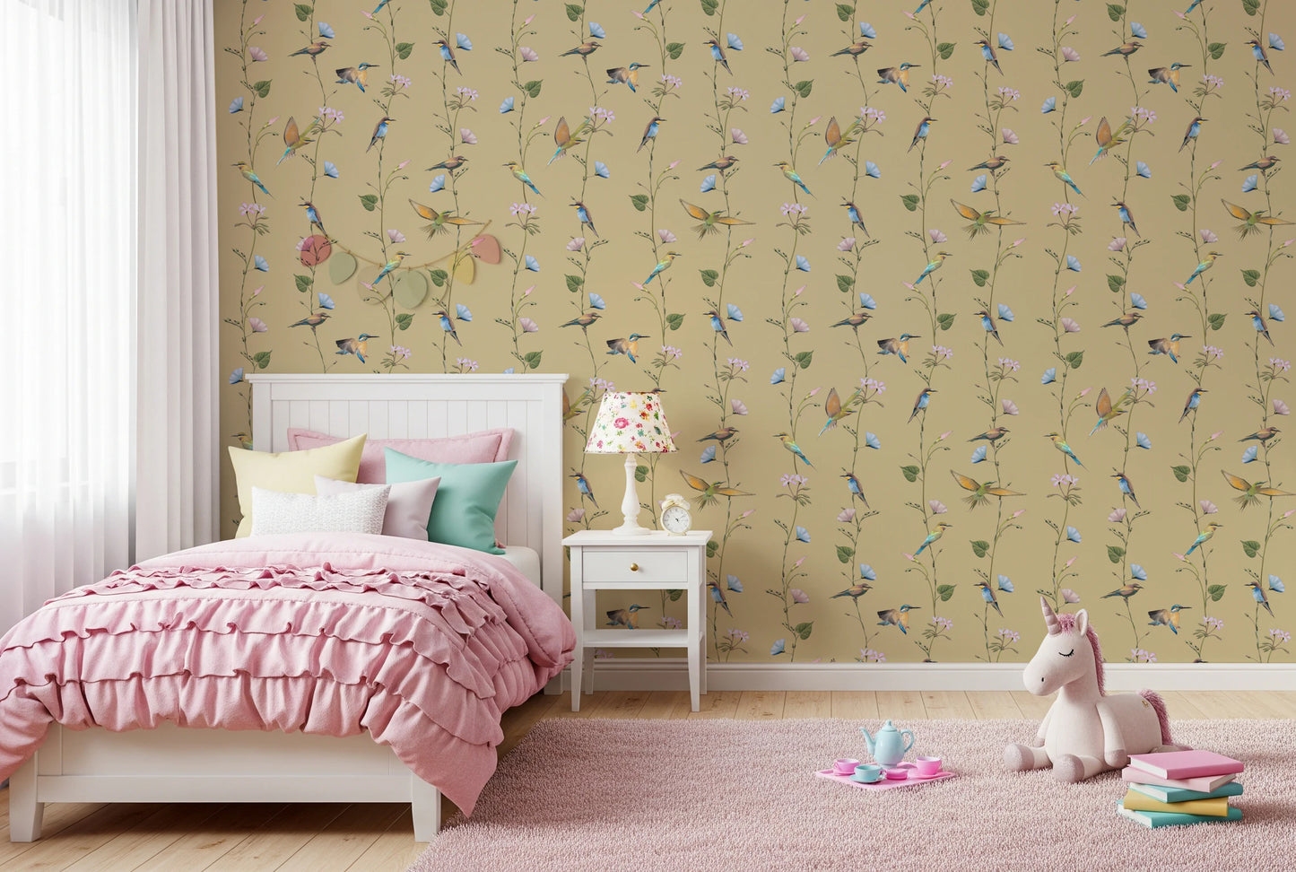 Pastel Songbirds on Beige Wallpaper⁠