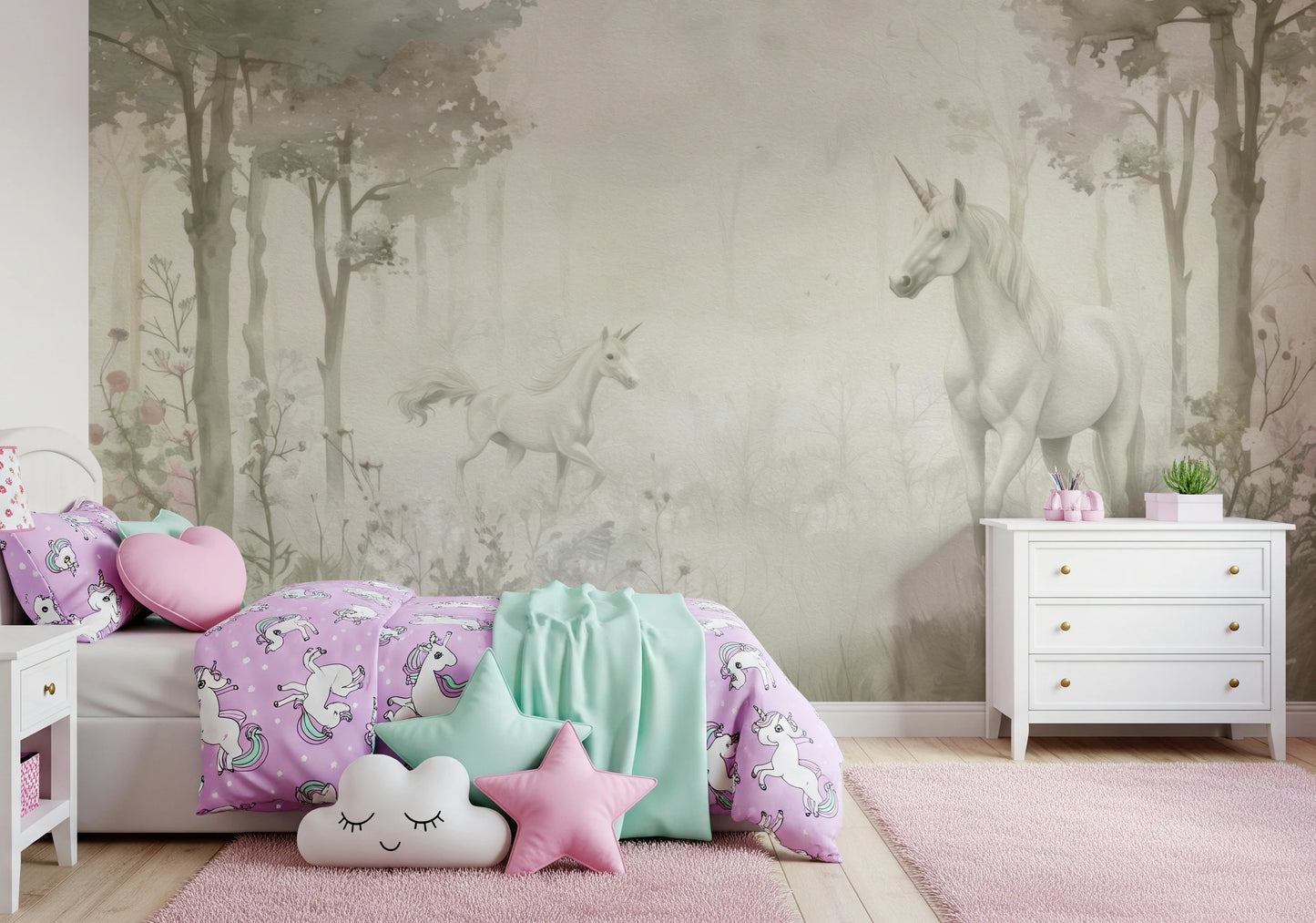 Unicorns in a Magical Dreamy Forest –  Sage Wall Mural