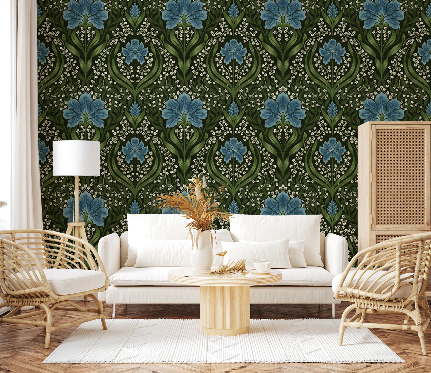 Intricate floral damask - blue Wallpaper