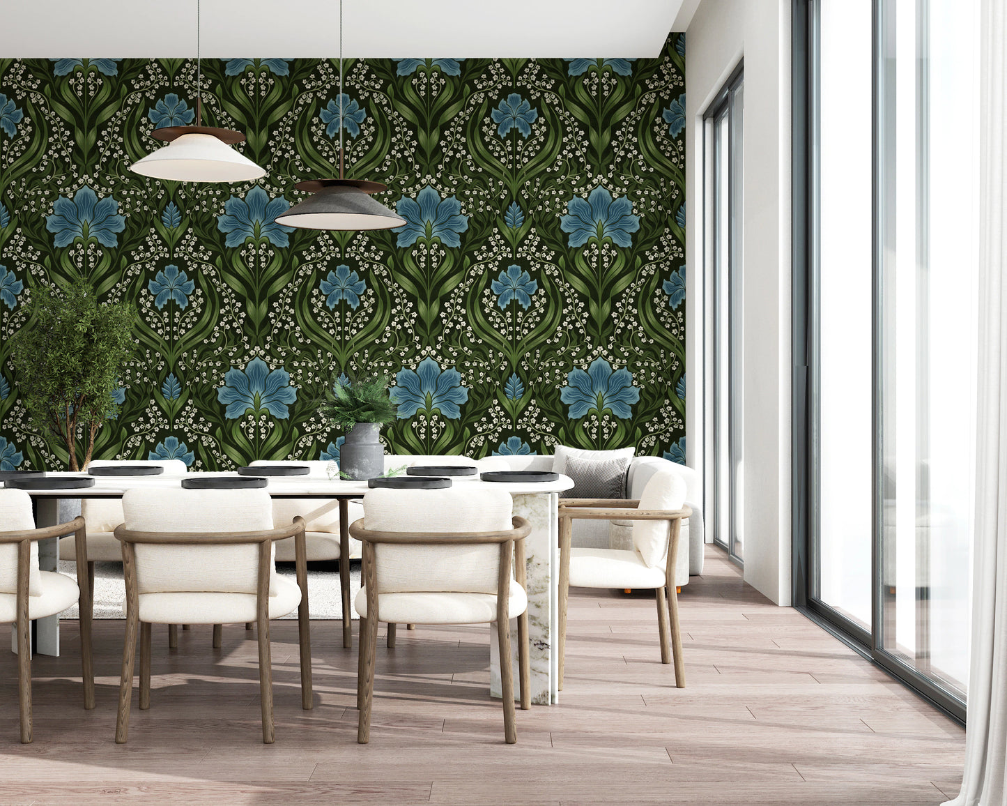 Intricate floral damask - blue Wallpaper