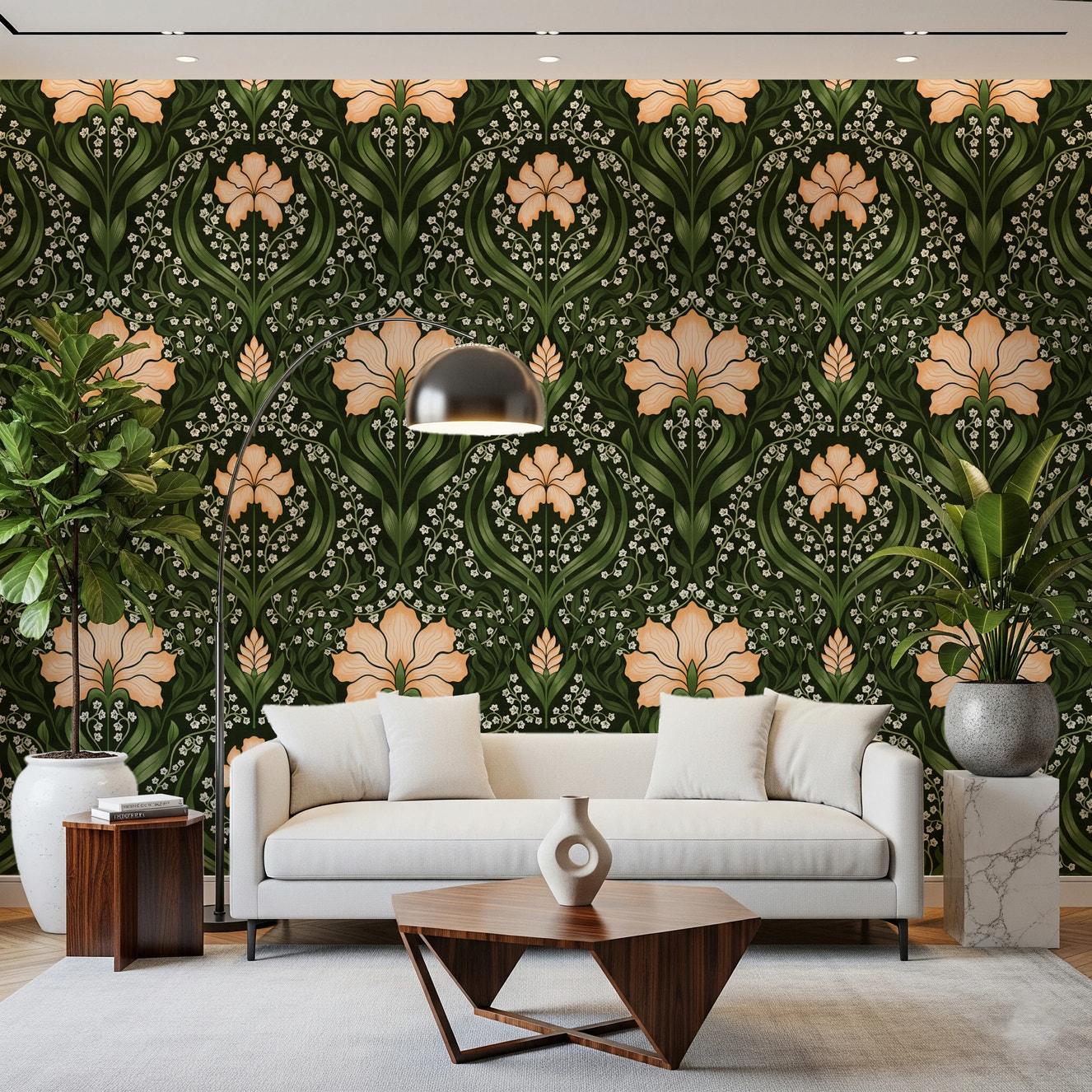 Intricate floral damask - apricot Wallpaper⁠