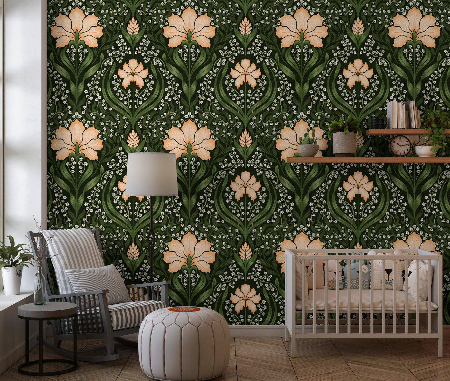Intricate floral damask - apricot Wallpaper⁠