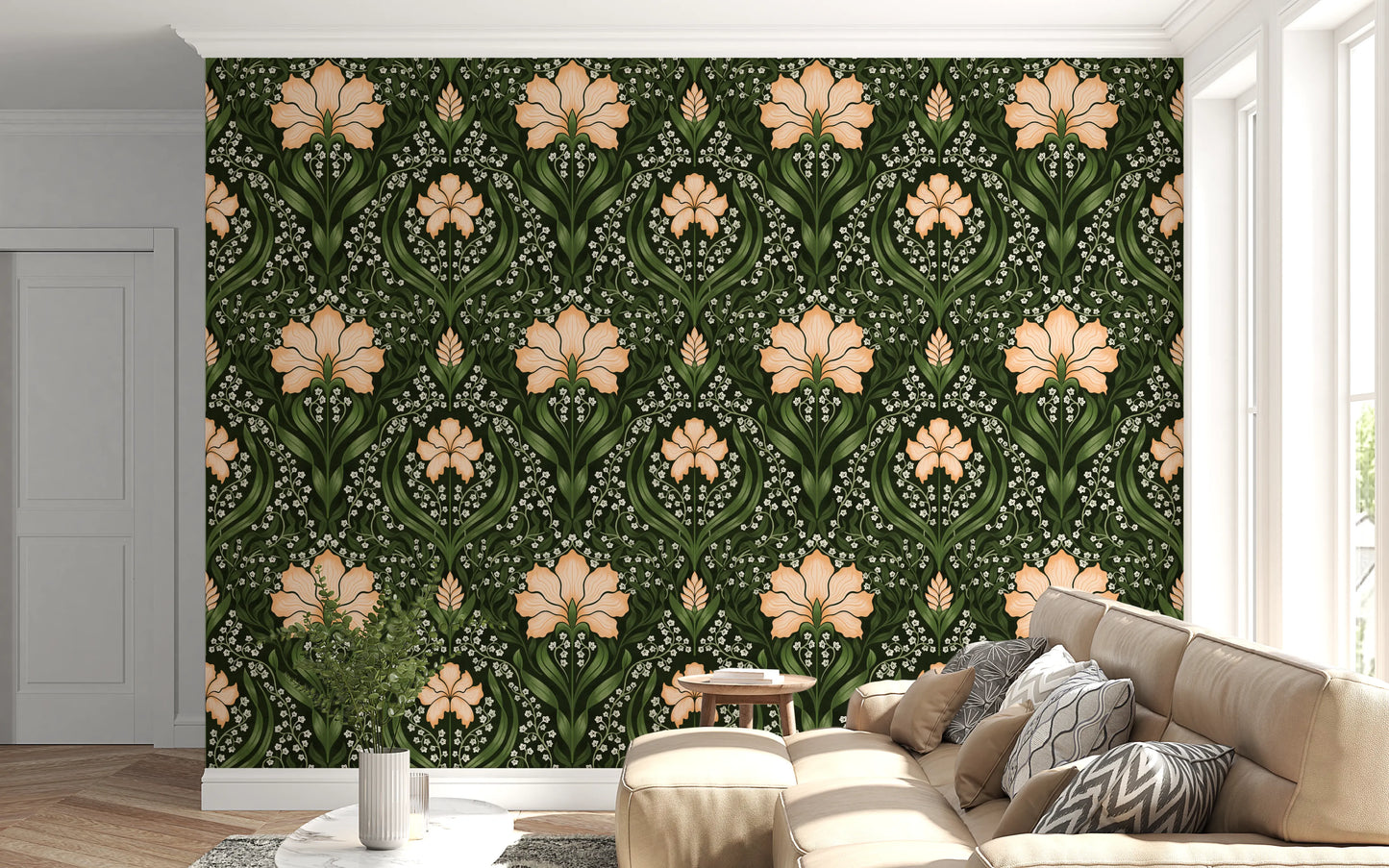 Intricate floral damask - apricot Wallpaper⁠