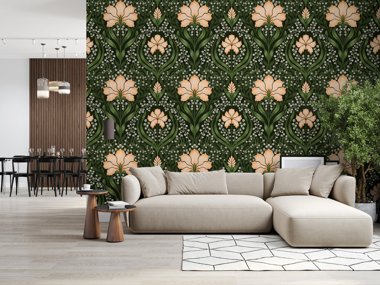Intricate floral damask - apricot Wallpaper⁠