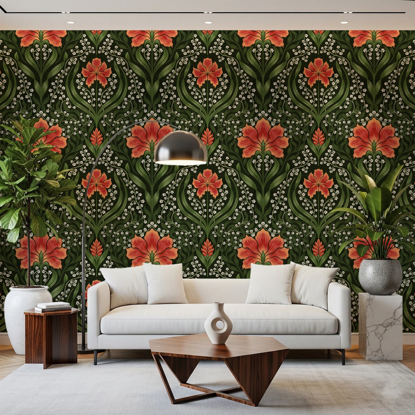 Intricate floral damask - red Wallpaper⁠