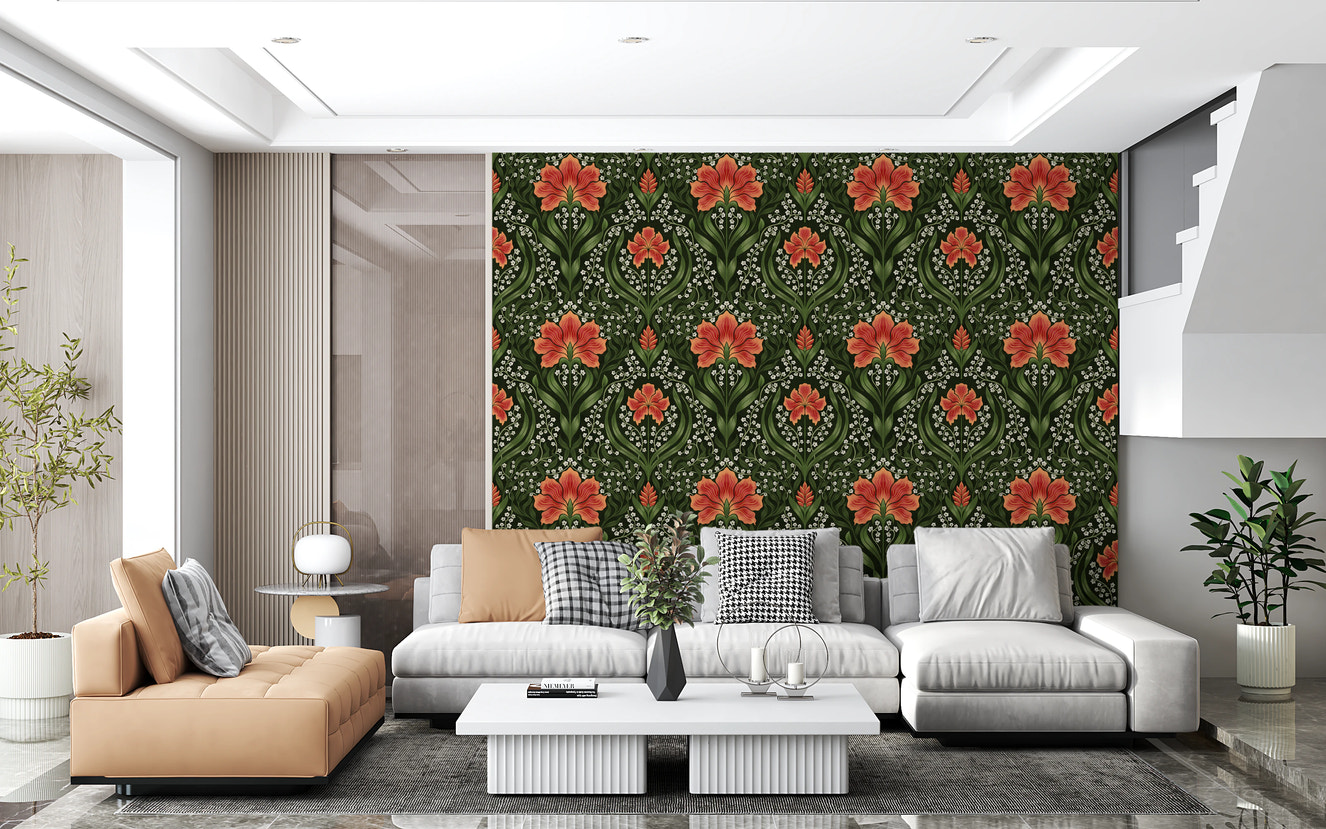 Intricate floral damask - red Wallpaper⁠