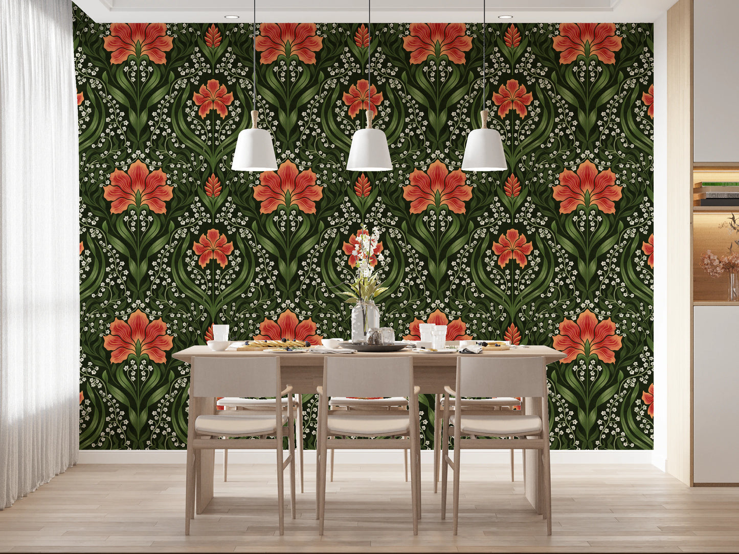 Intricate floral damask - red Wallpaper⁠