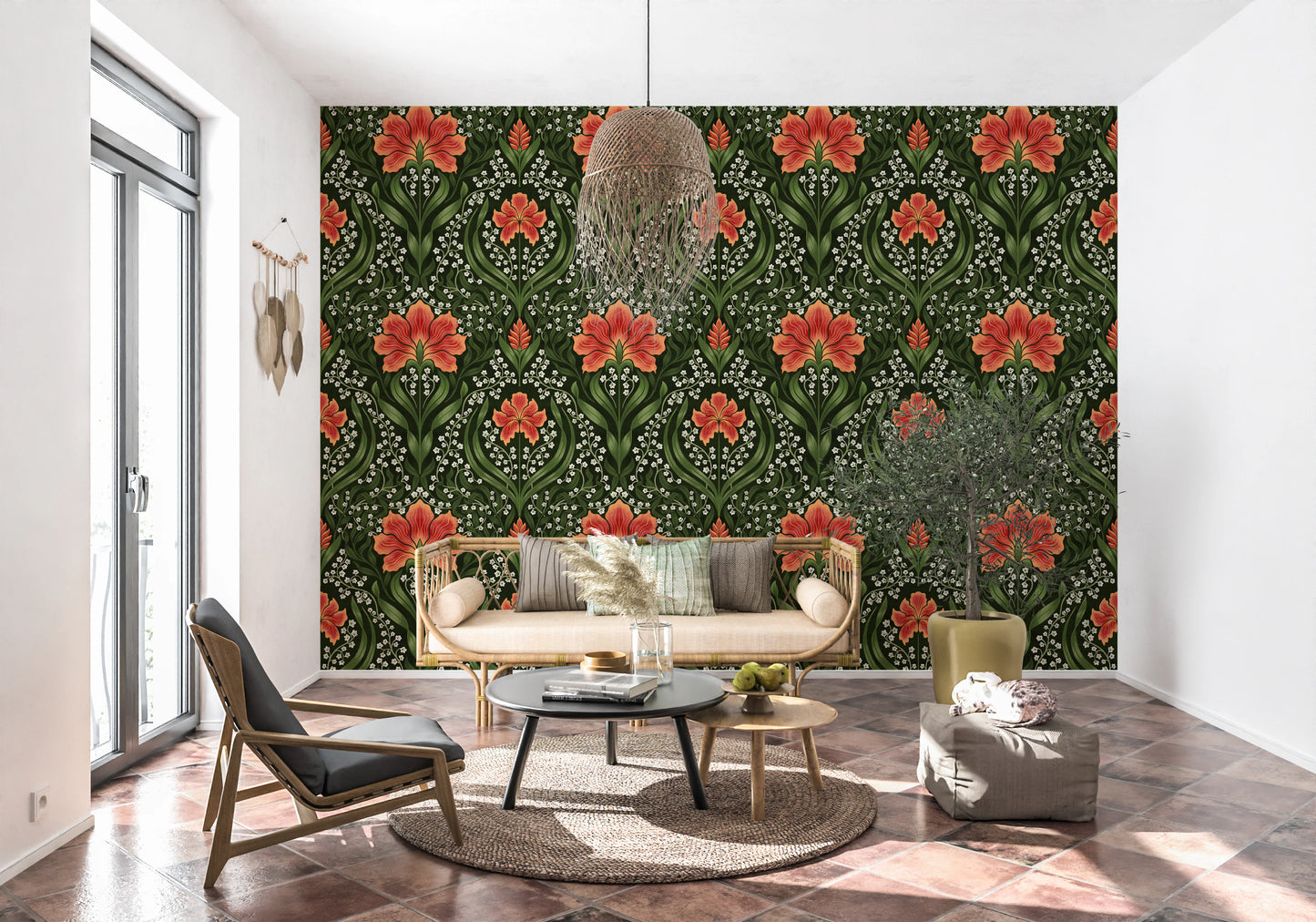 Intricate floral damask - red Wallpaper⁠