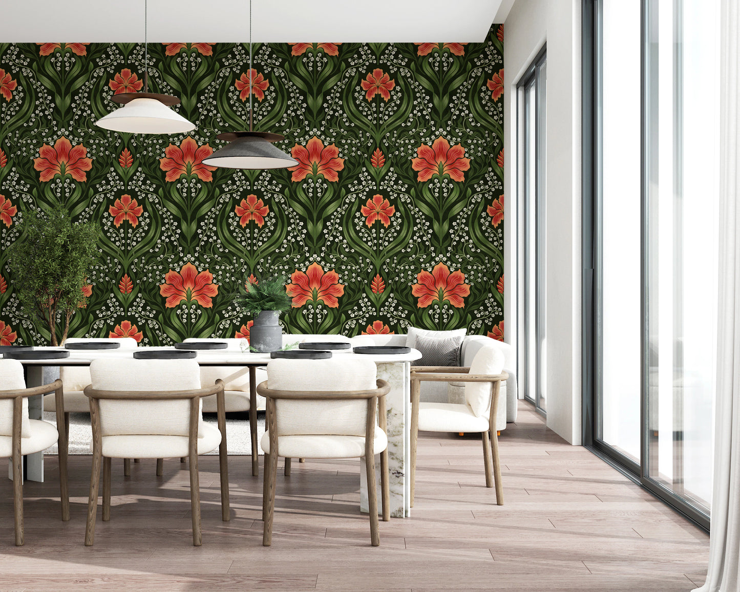 Intricate floral damask - red Wallpaper⁠