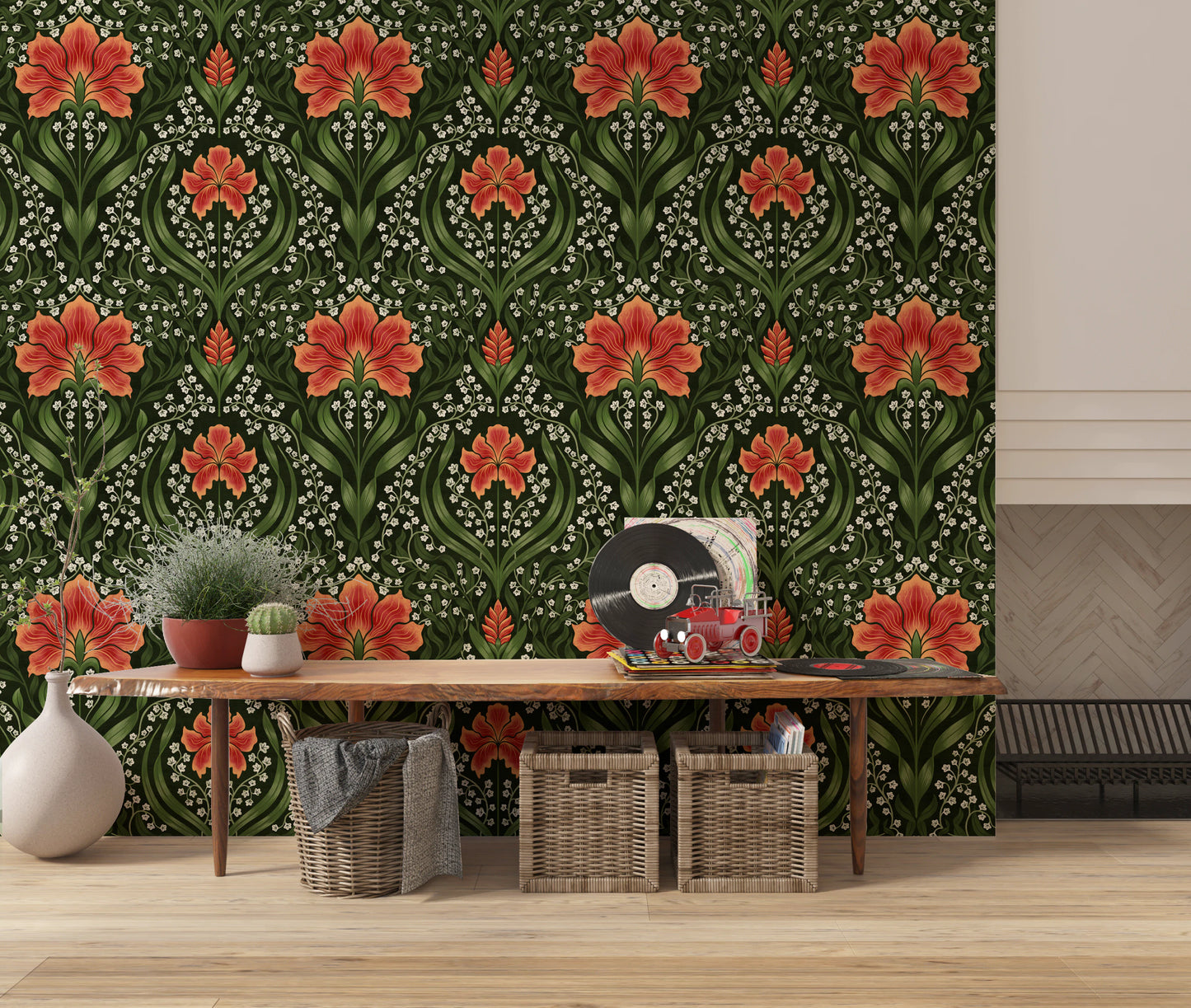 Intricate floral damask - red Wallpaper⁠