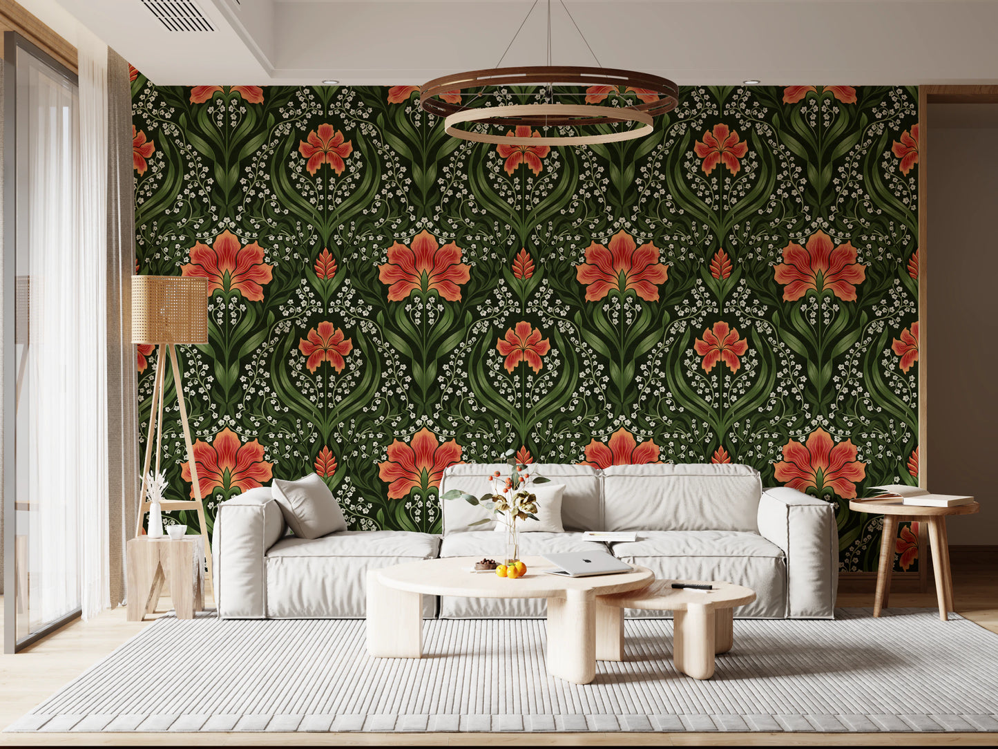 Intricate floral damask - red Wallpaper⁠