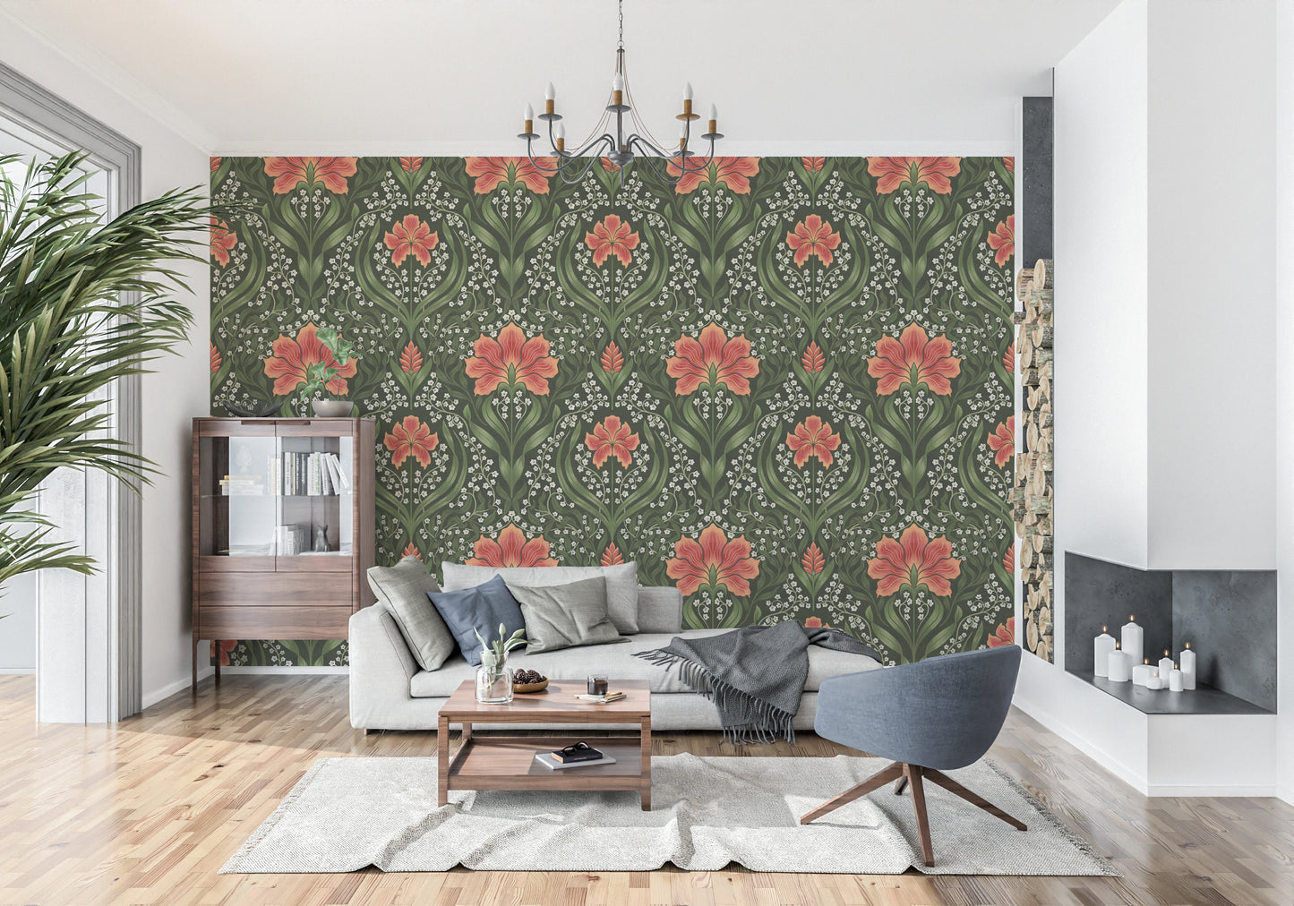 Intricate floral damask - red Wallpaper⁠