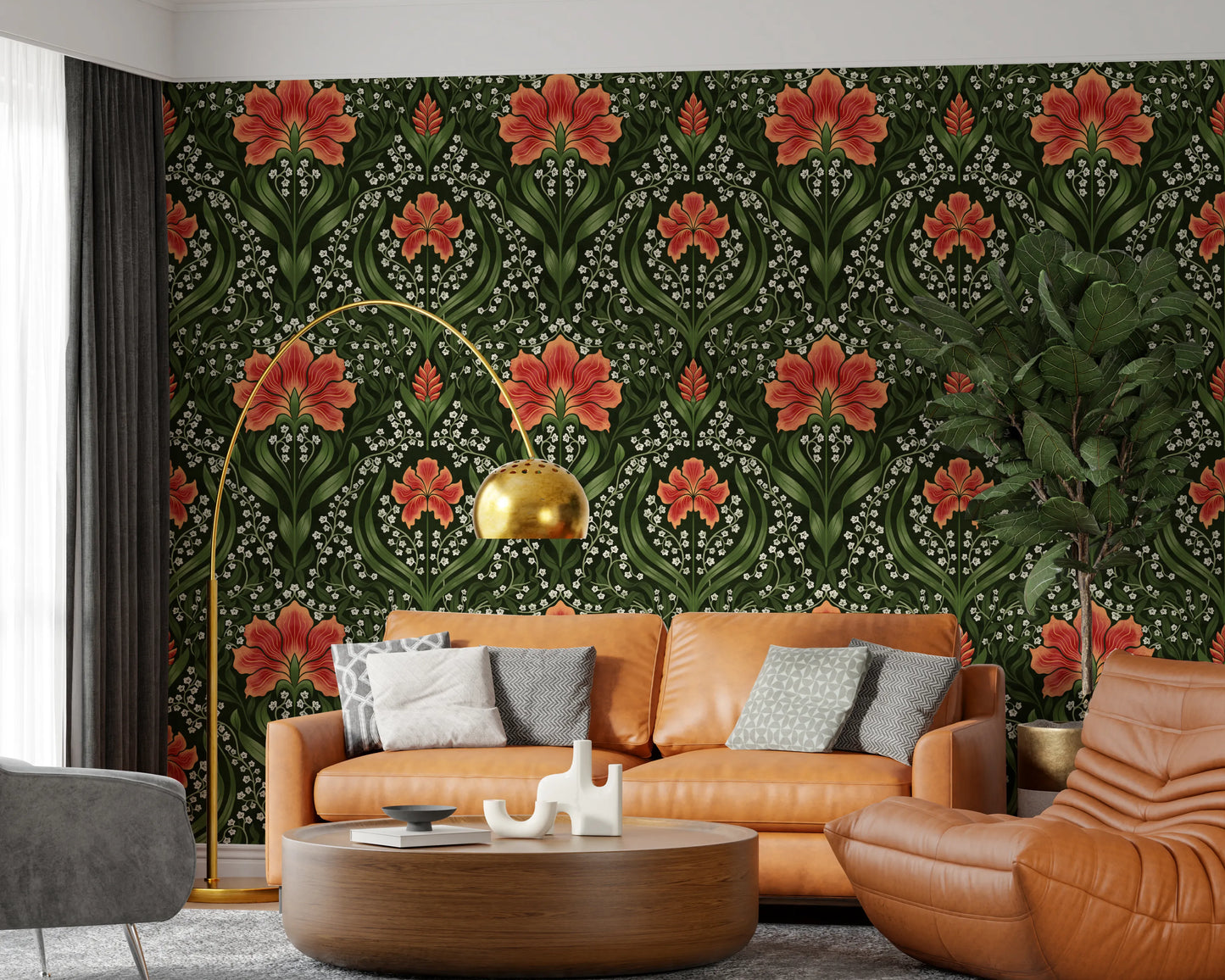 Intricate floral damask - red Wallpaper⁠