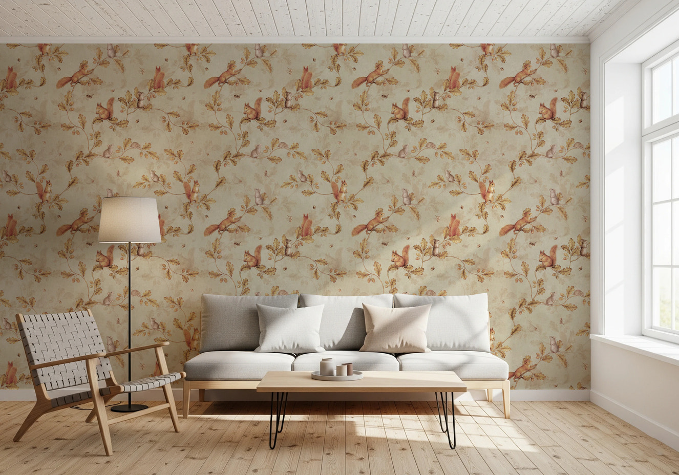 18th Rococo Forest Chinoiserie with Squirrels and Mice on Oak Tree Branches beige Wallpaper⁠