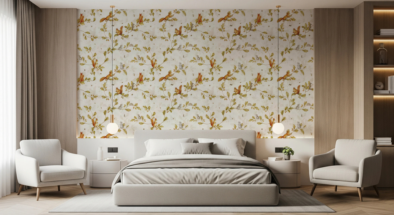 18th Rococo Forest Chinoiserie with Squirrels and Mice on Oak Tree Branches  Wallpaper⁠