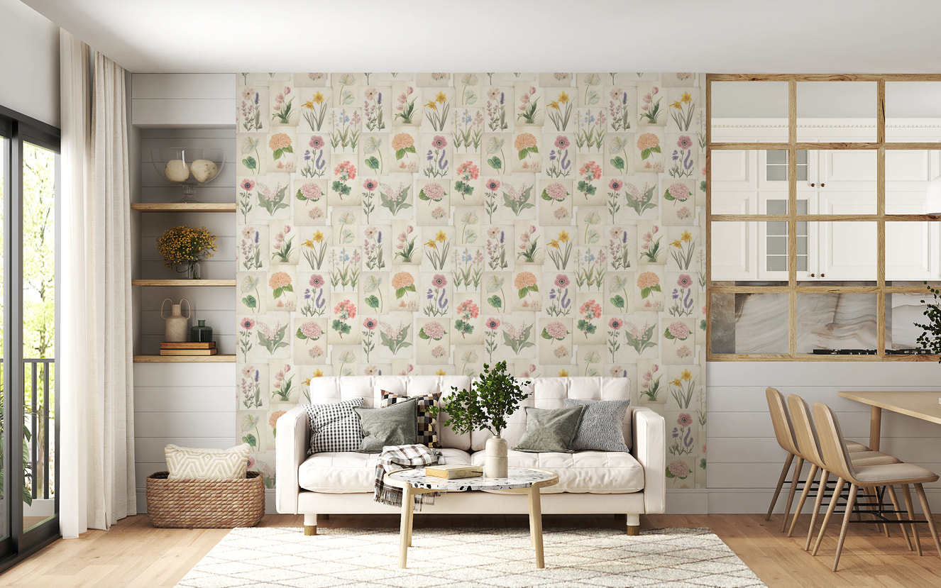 Pastel Floral Botanical Collage Wallpaper⁠