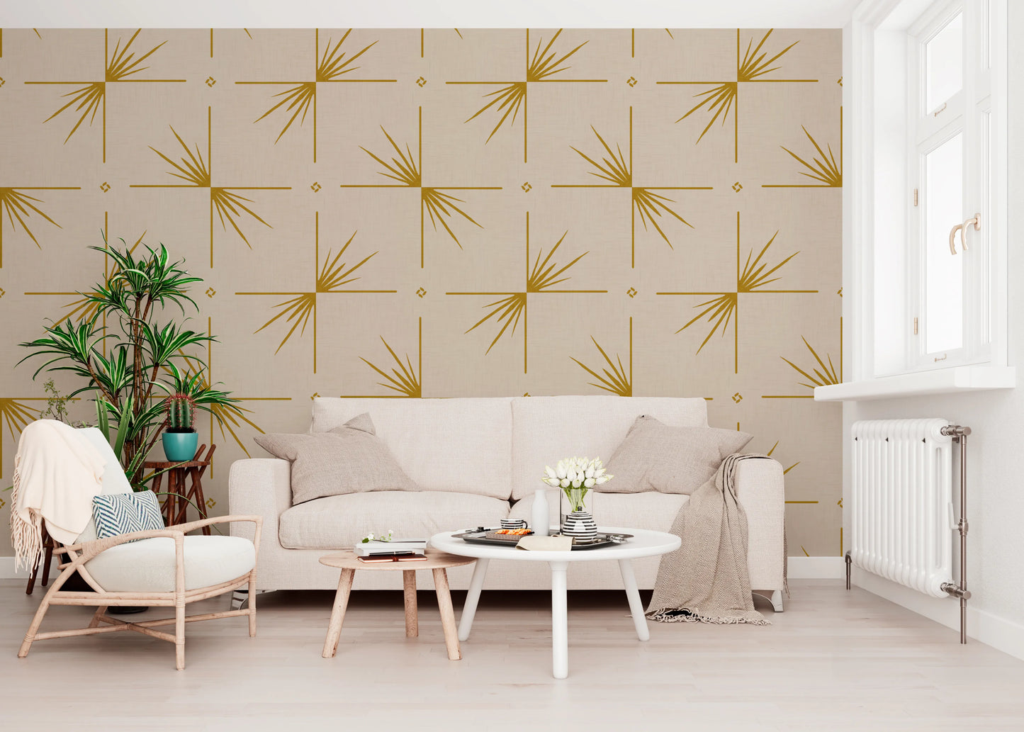 Mid Century Modern Starburst Cross Mustard Cream Wallpaper⁠