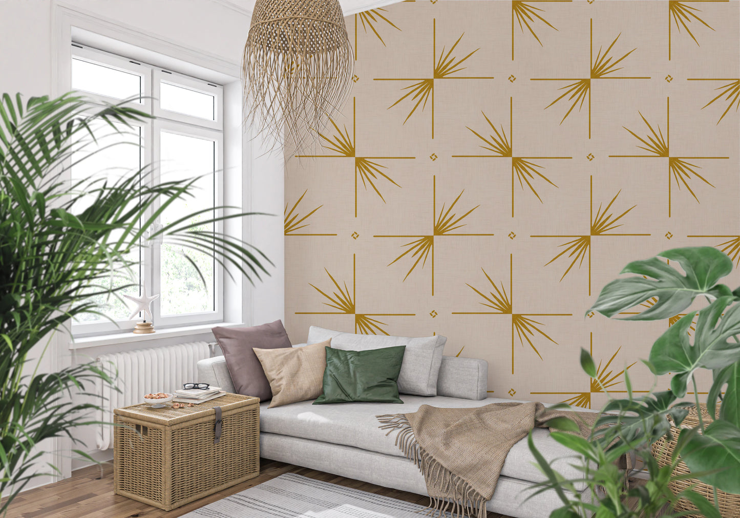 Mid Century Modern Starburst Cross Mustard Cream Wallpaper⁠