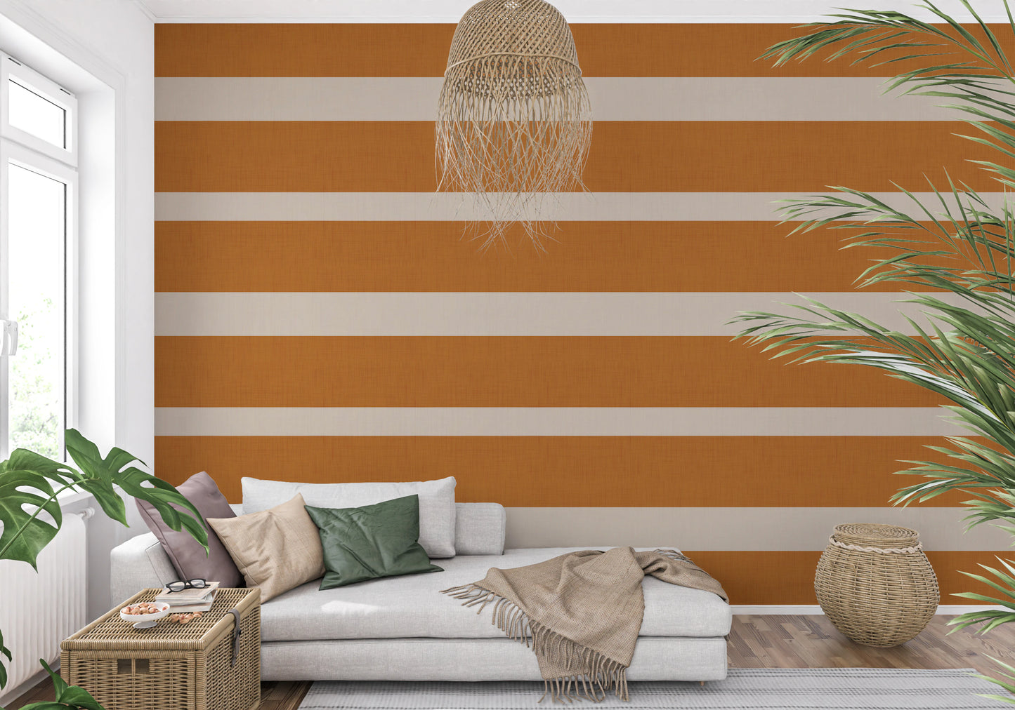 Modern Horizontal Stripe Terracotta Cream  Wallpaper⁠