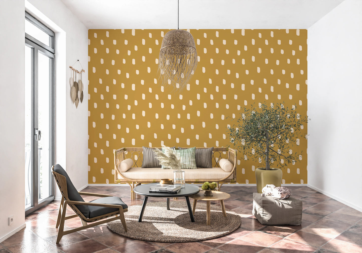 Mid Mod Wildflower Dots - Ocher Beige  Wallpaper⁠