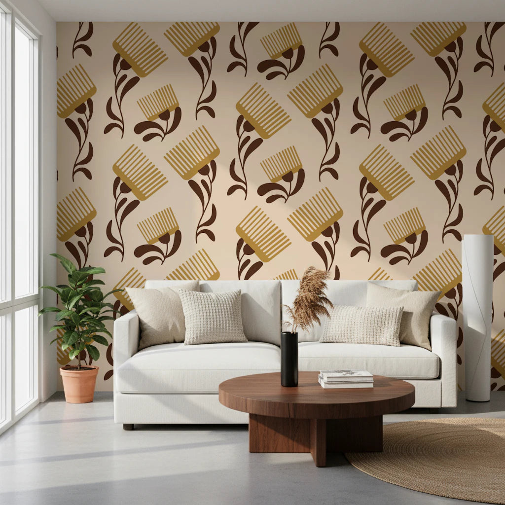 Mid Mod Wildflower Comb - Beige Chocolate   Wallpaper⁠
