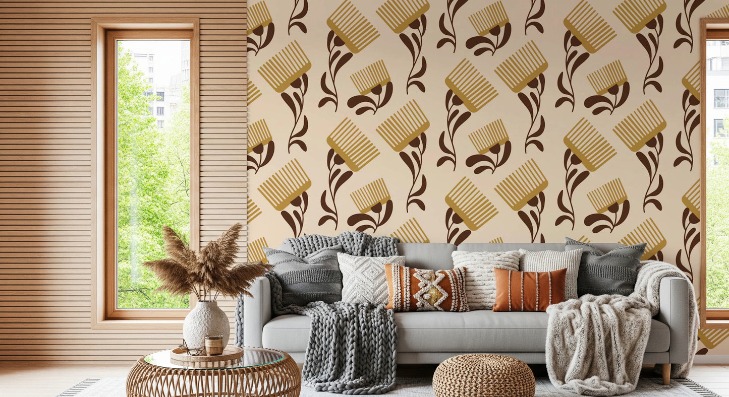 Mid Mod Wildflower Comb - Beige Chocolate   Wallpaper⁠