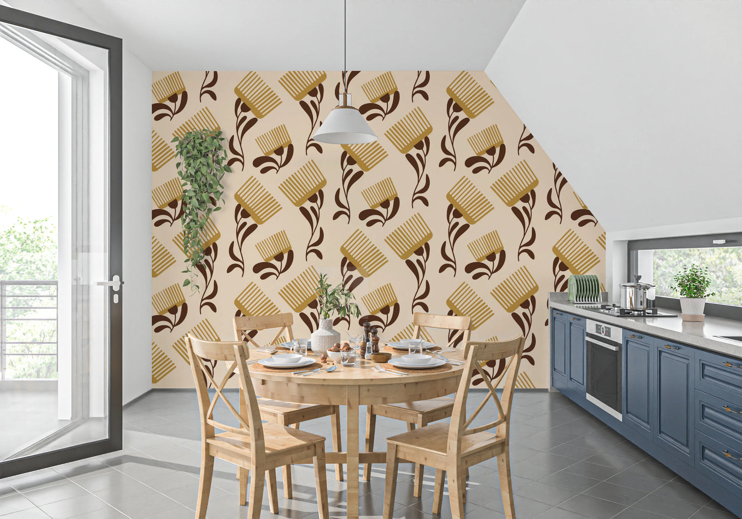 Mid Mod Wildflower Comb - Beige Chocolate   Wallpaper⁠