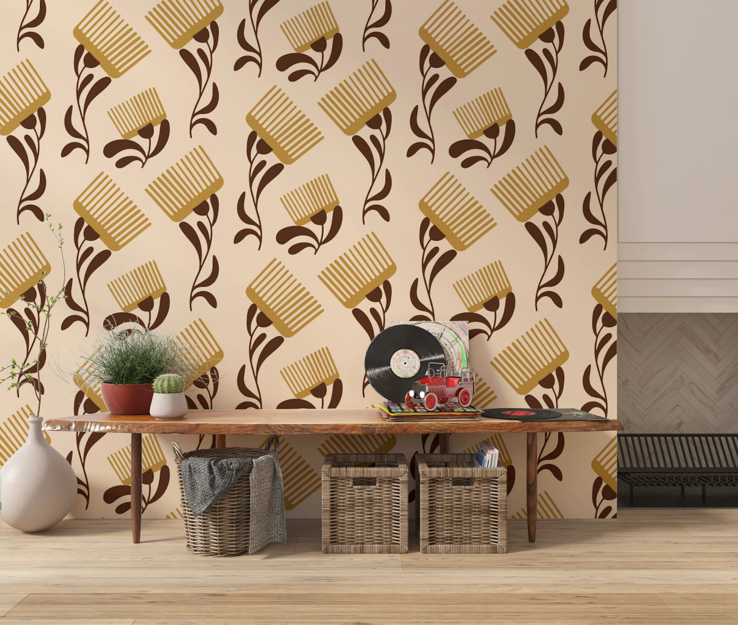 Mid Mod Wildflower Comb - Beige Chocolate   Wallpaper⁠