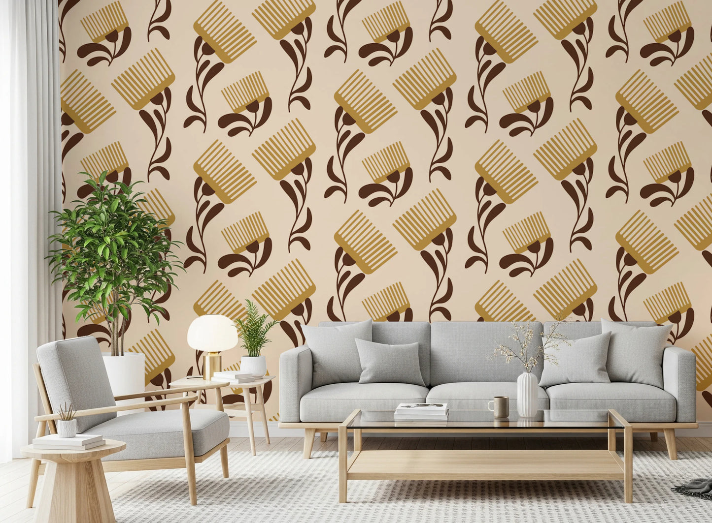 Mid Mod Wildflower Comb - Beige Chocolate   Wallpaper⁠
