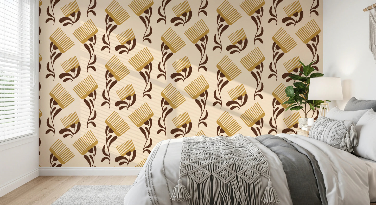 Mid Mod Wildflower Comb - Beige Chocolate   Wallpaper⁠
