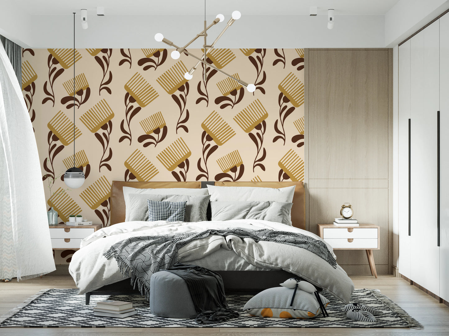 Mid Mod Wildflower Comb - Beige Chocolate   Wallpaper⁠