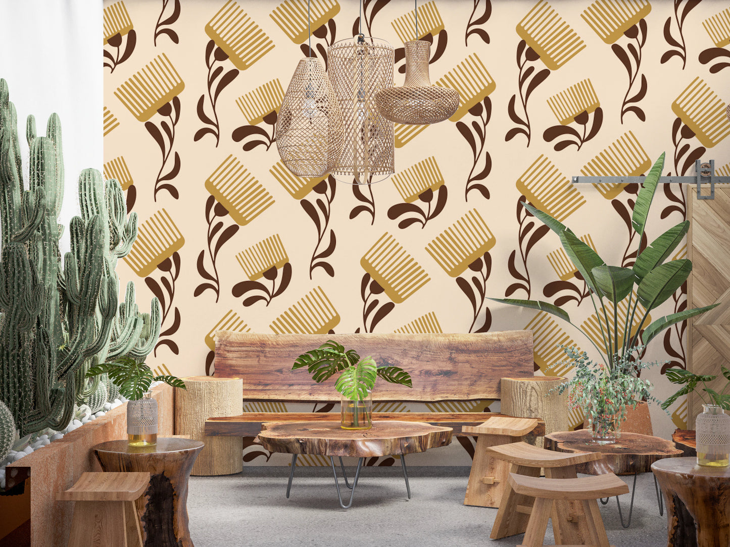 Mid Mod Wildflower Comb - Beige Chocolate   Wallpaper⁠