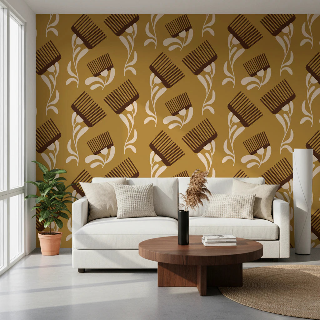 Mid Mod Wildflower Comb - Beige Ocher  Wallpaper⁠