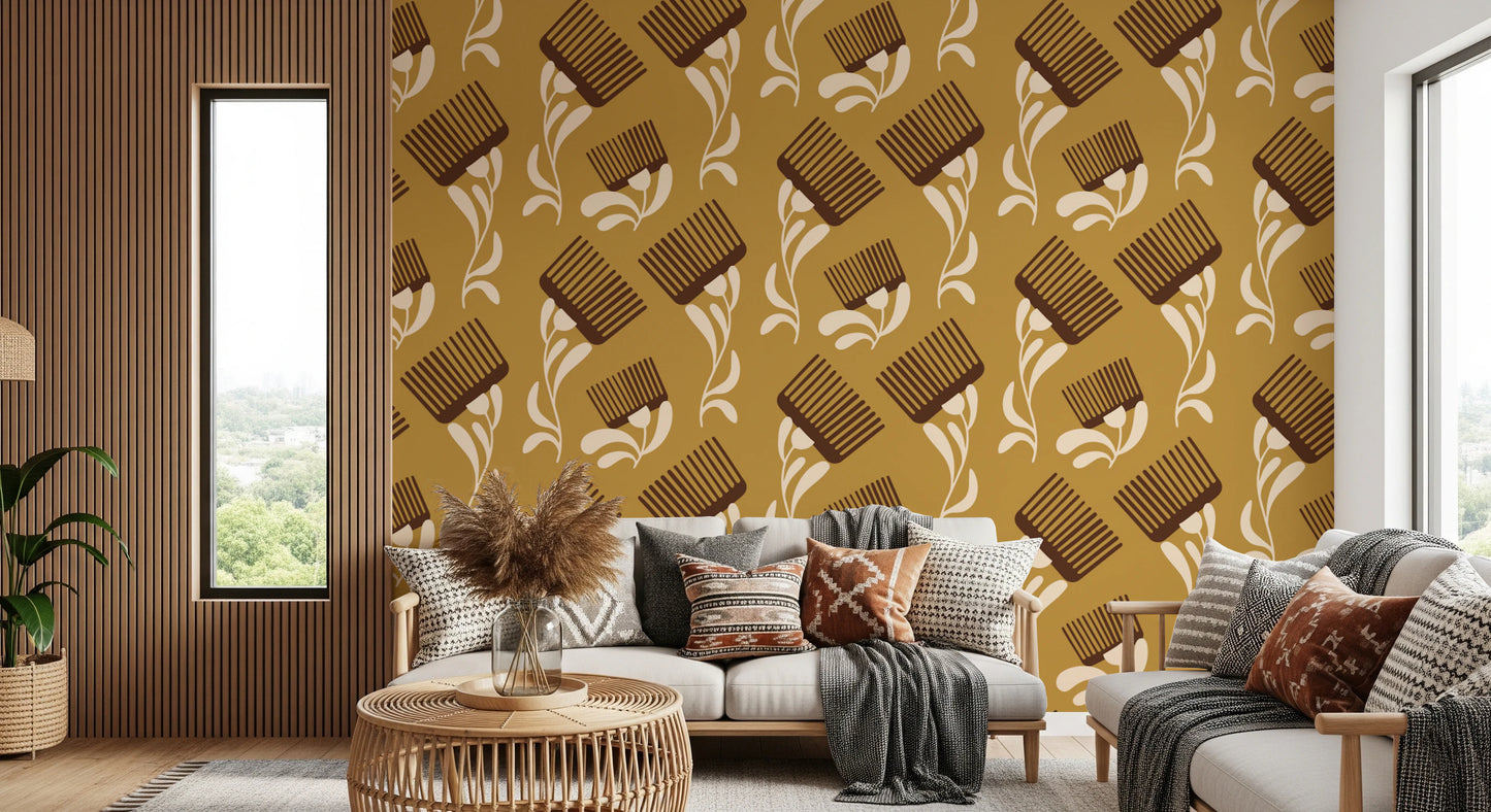 Mid Mod Wildflower Comb - Beige Ocher  Wallpaper⁠