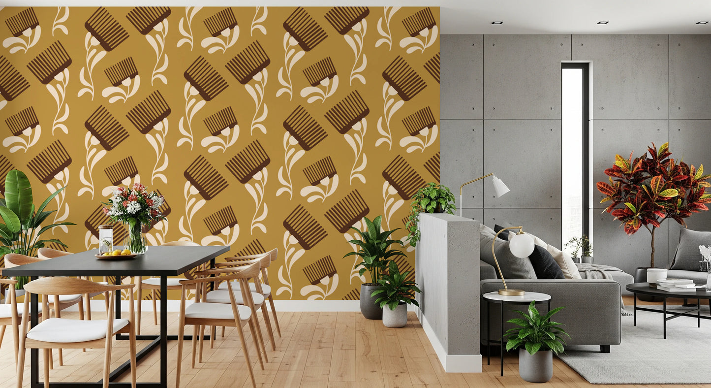 Mid Mod Wildflower Comb - Beige Ocher  Wallpaper⁠