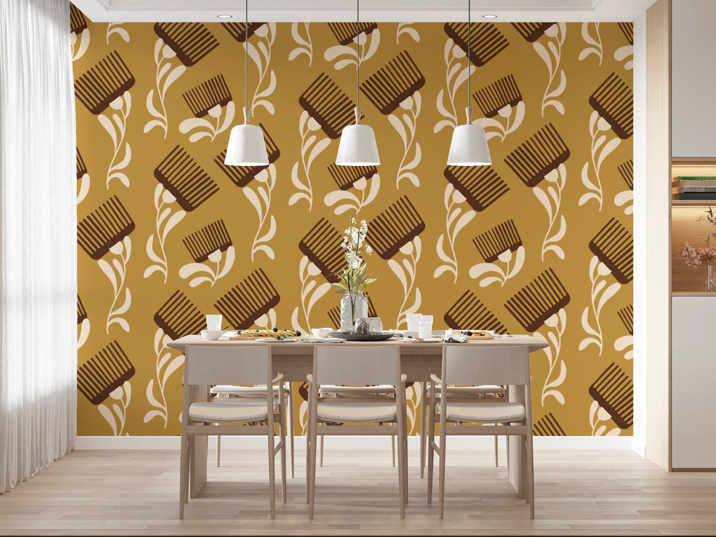 Mid Mod Wildflower Comb - Beige Ocher  Wallpaper⁠