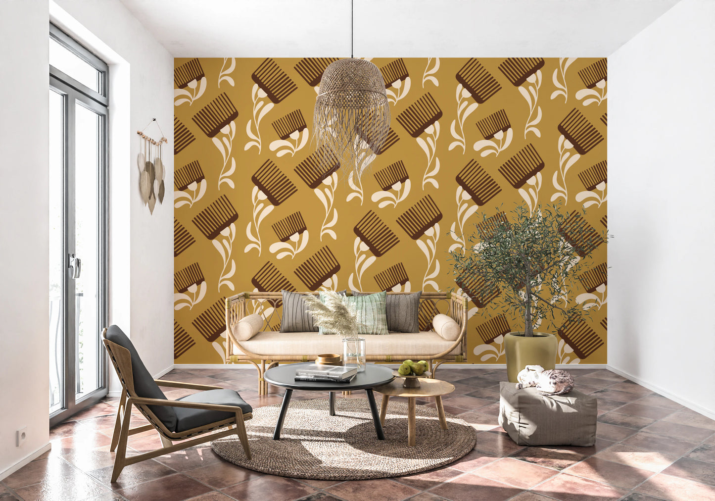 Mid Mod Wildflower Comb - Beige Ocher  Wallpaper⁠