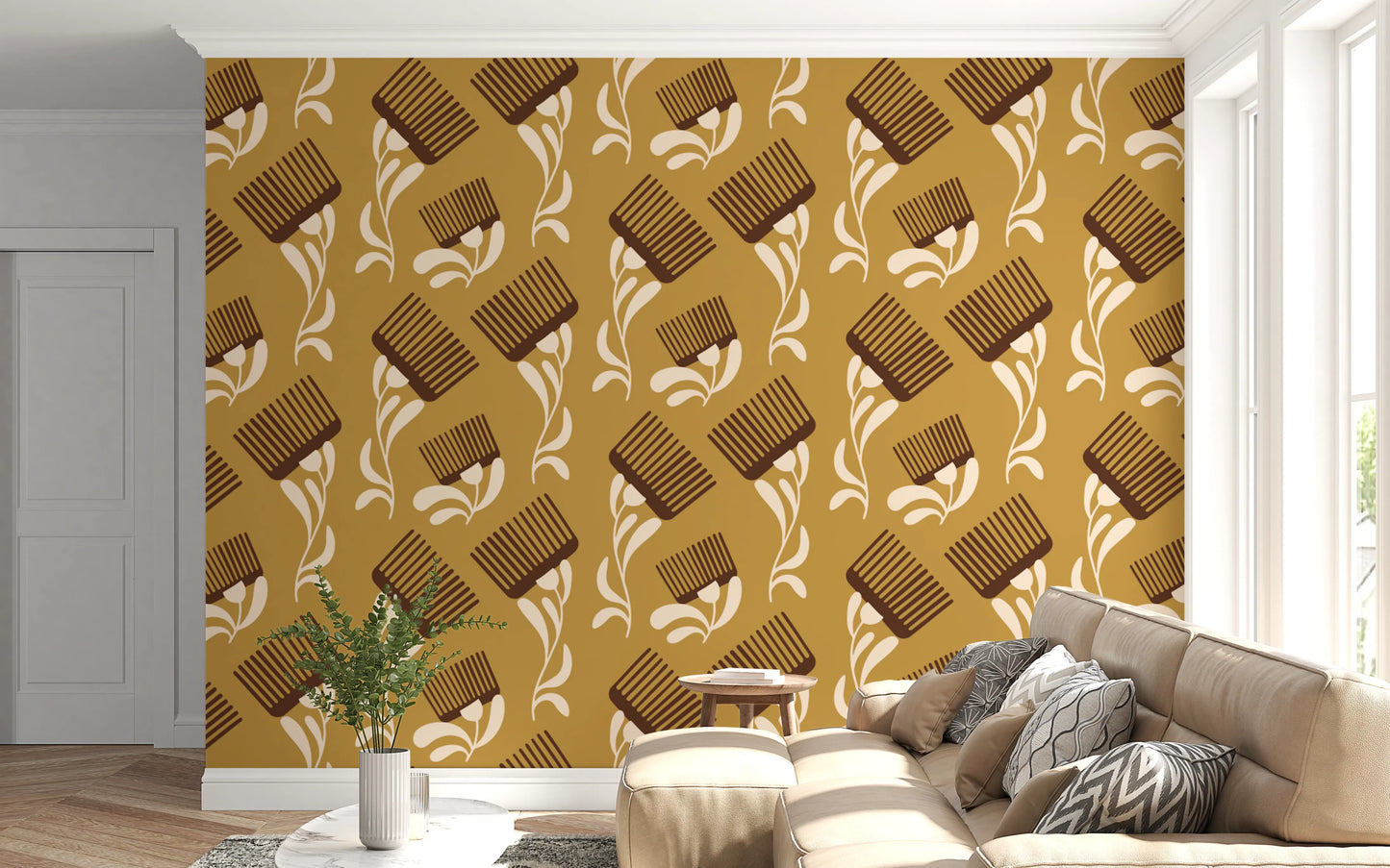 Mid Mod Wildflower Comb - Beige Ocher  Wallpaper⁠