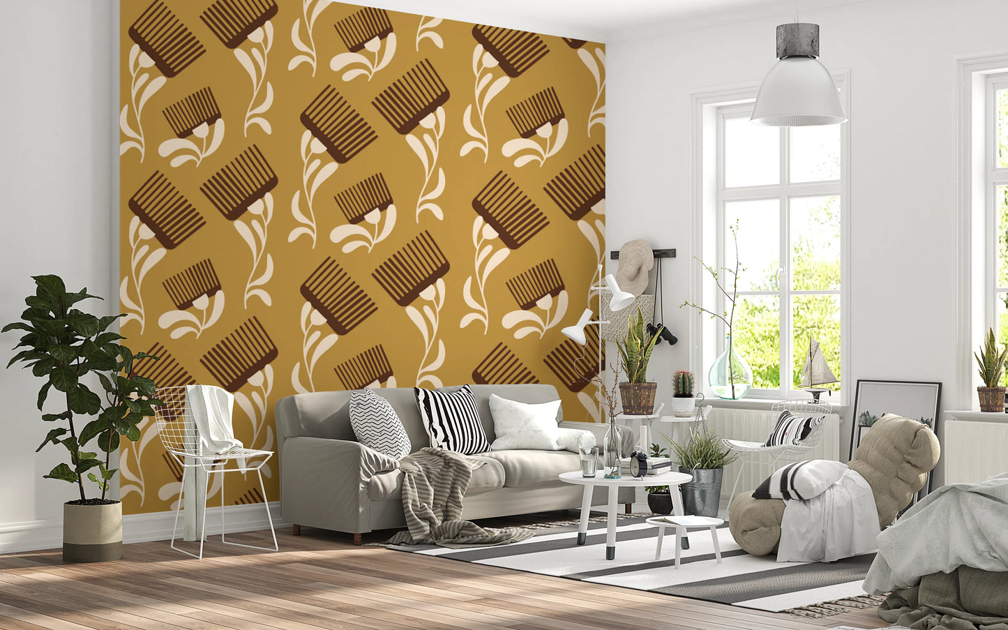 Mid Mod Wildflower Comb - Beige Ocher  Wallpaper⁠
