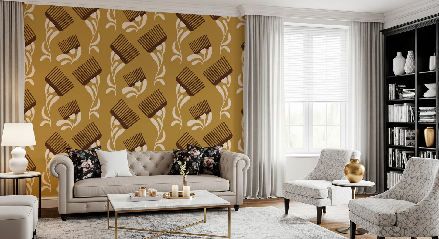Mid Mod Wildflower Comb - Beige Ocher  Wallpaper⁠