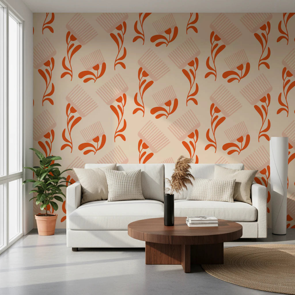 Mid Mod Wildflower Comb - Beige Terracotta  Wallpaper⁠