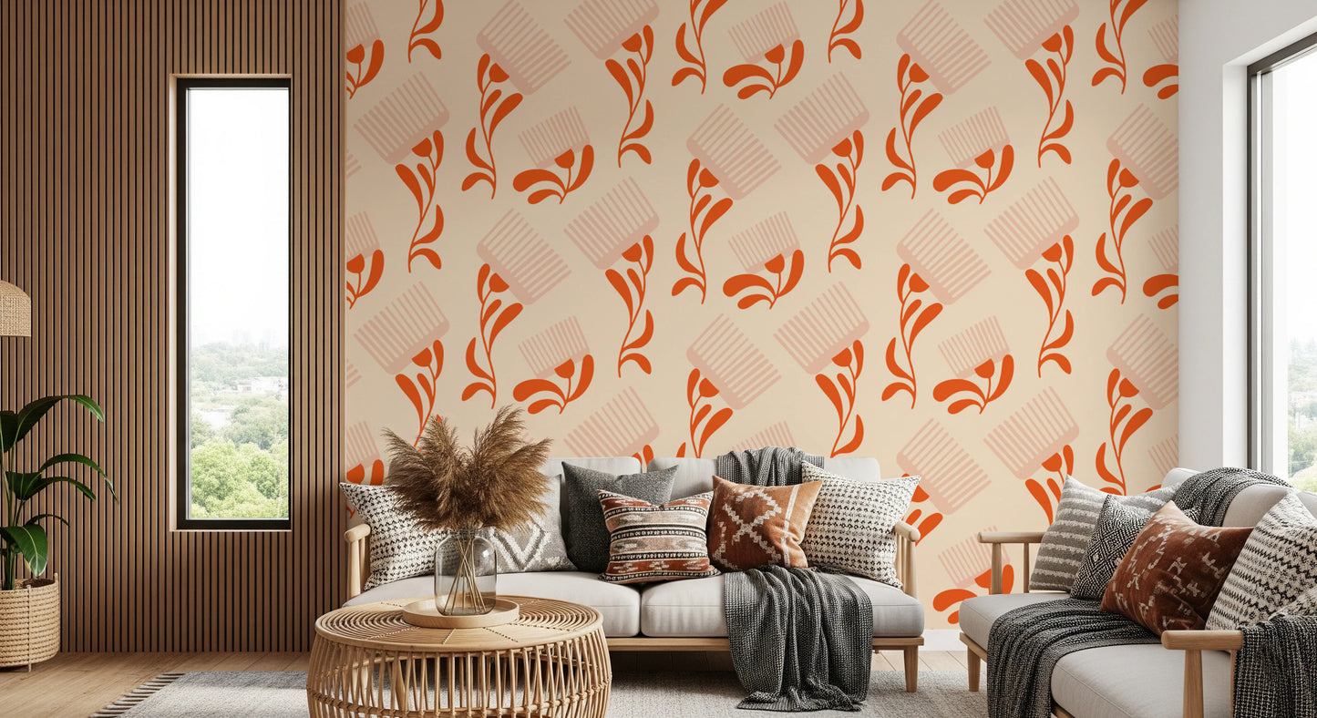 Mid Mod Wildflower Comb - Beige Terracotta  Wallpaper⁠