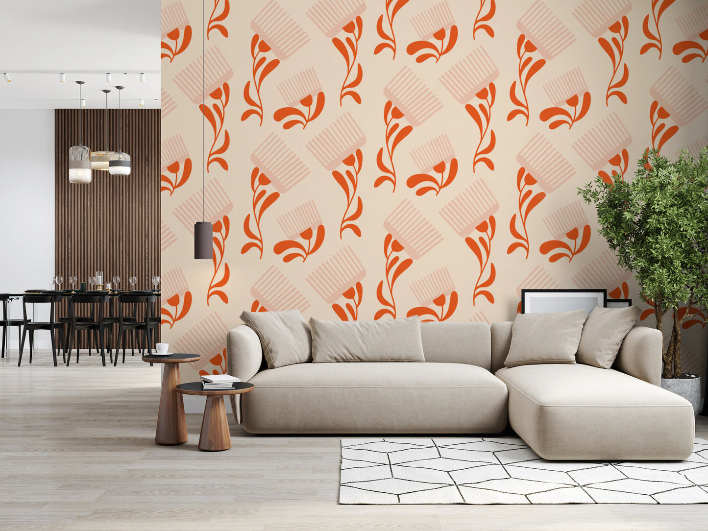 Mid Mod Wildflower Comb - Beige Terracotta  Wallpaper⁠
