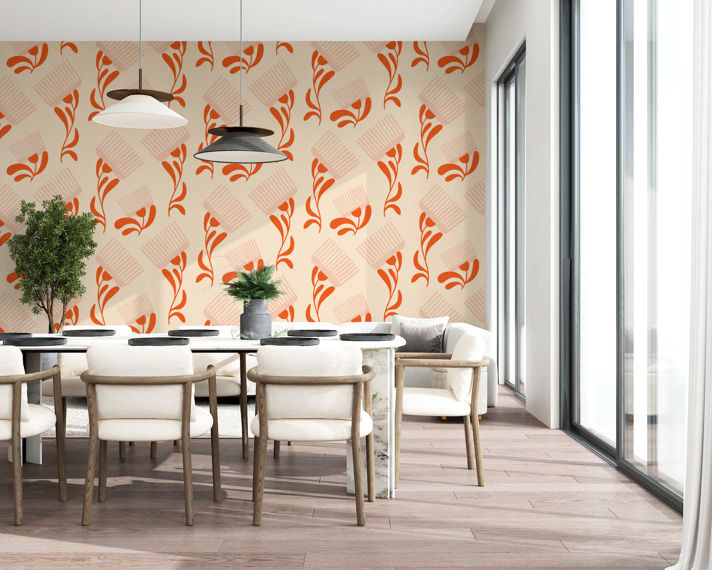 Mid Mod Wildflower Comb - Beige Terracotta  Wallpaper⁠
