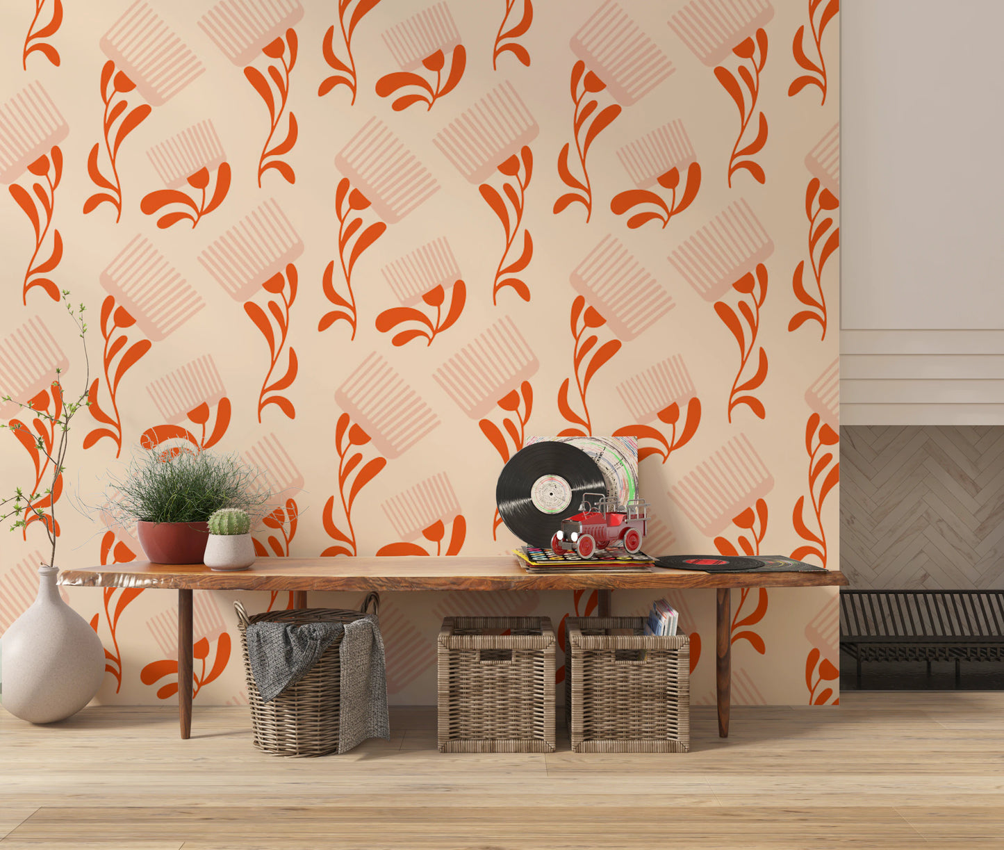 Mid Mod Wildflower Comb - Beige Terracotta  Wallpaper⁠