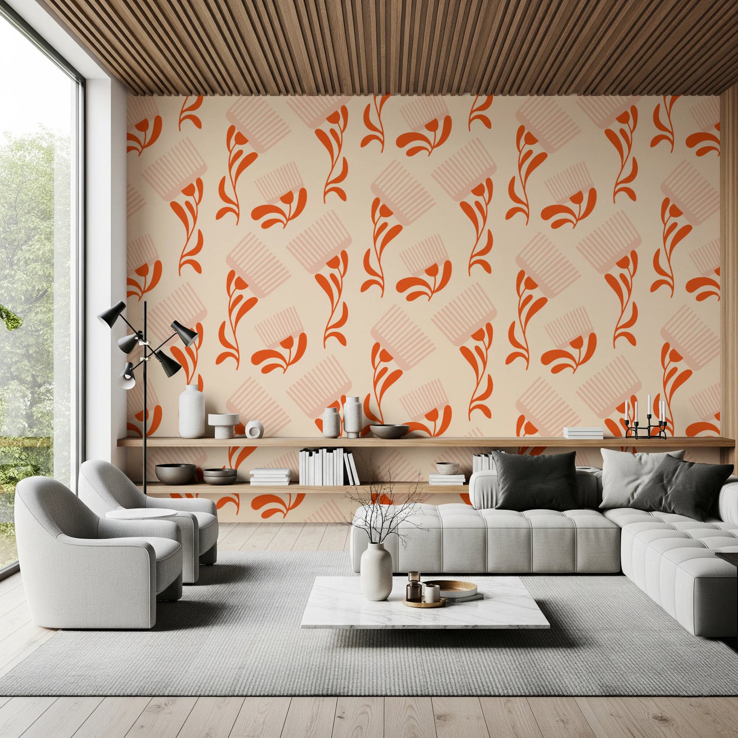 Mid Mod Wildflower Comb - Beige Terracotta  Wallpaper⁠