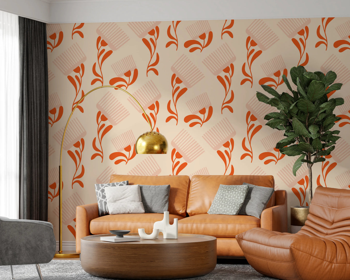 Mid Mod Wildflower Comb - Beige Terracotta  Wallpaper⁠