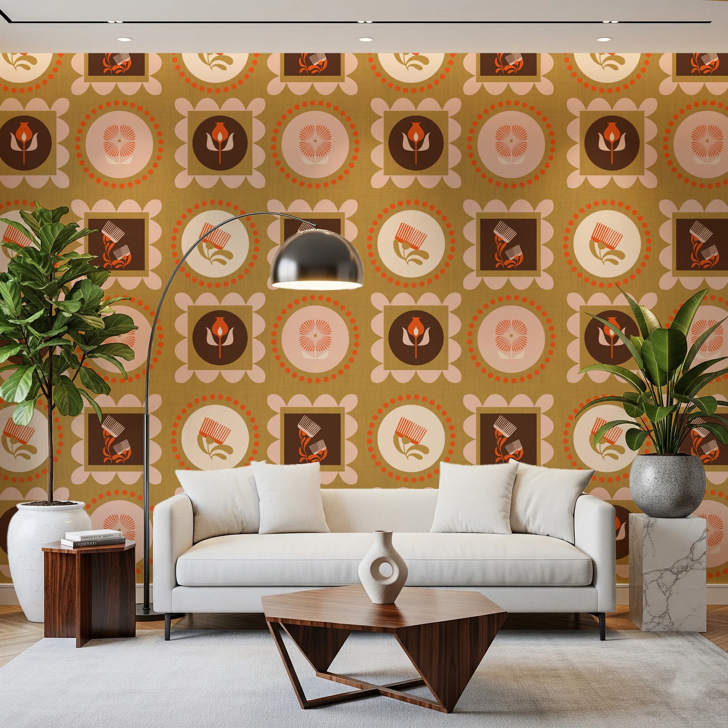 Mid Mod Wildflower Frames - Botanical Collage Cream Terracotta  Wallpaper⁠